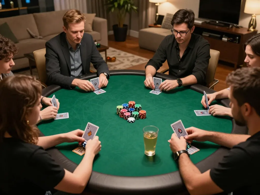 KJC players engaging in an intense poker game at home, showcasing strategic gameplay and camaraderie.