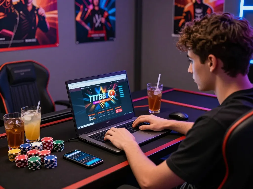 Engaged user navigating the TT88 online betting platform with a laptop, snacks, and gaming decor.