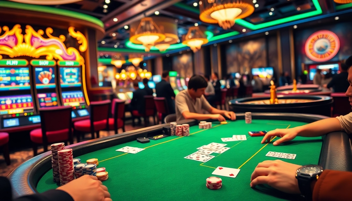 Players enjoying poker at VN88 casino, featuring vibrant colors and luxurious atmosphere.