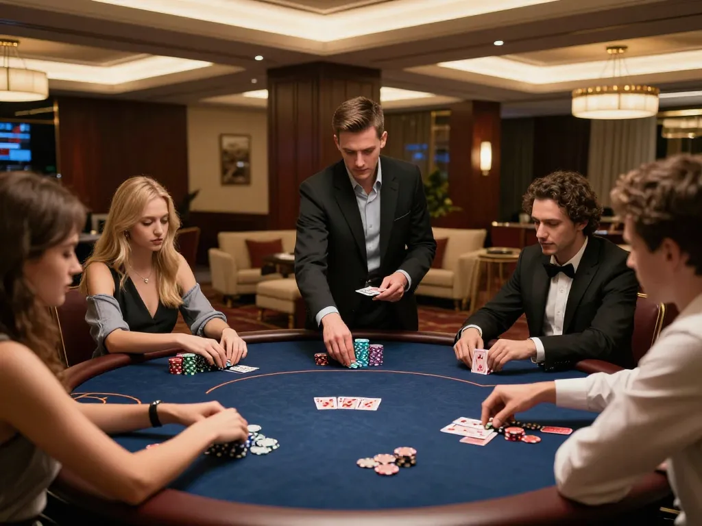 Players enjoying a thrilling poker game while strategizing and managing their bets, showcasing link vào SV88 experience in a modern casino