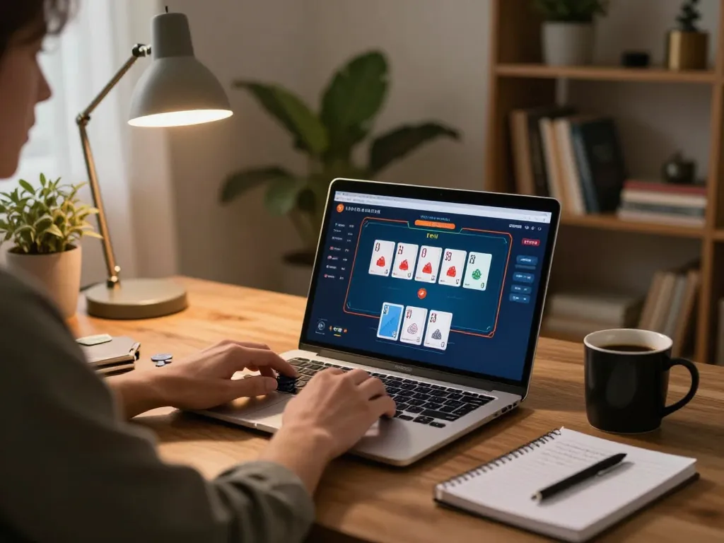 Engaged gambler strategizing at home with 789bet poker game on laptop and betting notes