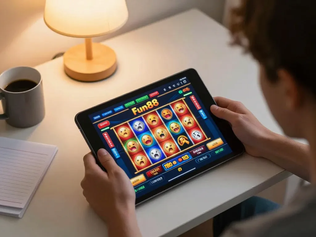 Player immersed in Fun88 online slot gameplay, enjoying a cozy home setting with tablet in hand.