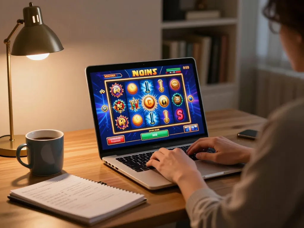 A player engages in exciting online gaming at open88 using a laptop, showcasing vibrant slot game graphics.