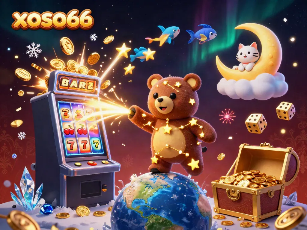 Experience the excitement of xoso66's online casino with a 3D illustration of a constellation bear, vibrant slot machine, and dynamic elements.
