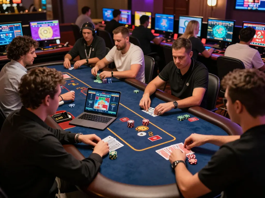 An exciting scene of players engaging in a live poker game, showcasing strategies with chips as they link vào their bets.