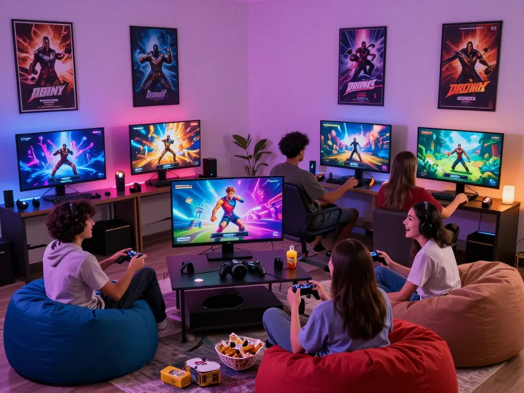 Group enjoying interactive porn games on multiple screens in a lively gaming room.