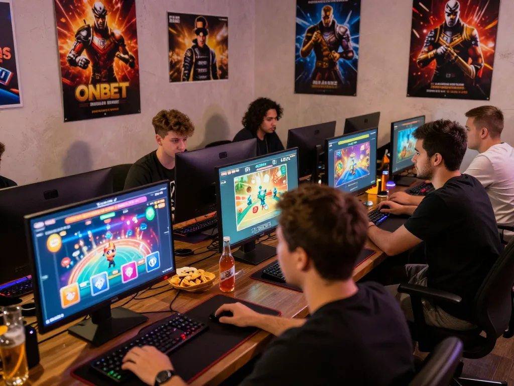 Engaged players enjoying Onbet online games with colorful screens and snacks.