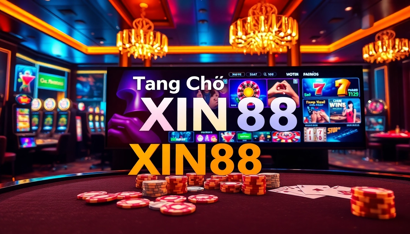 Casino gaming scene featuring Trang Chủ XIN88 with vibrant tables and digital interfaces.