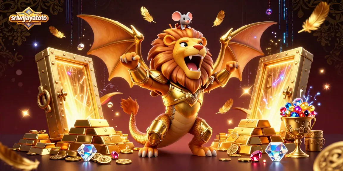 Sriwijayatoto showcases a vibrant, triumphant 3D chimera creature amidst dazzling casino treasures.