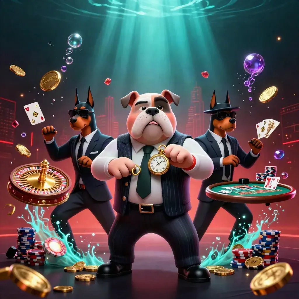 Bulldog mafia boss and two Dobermans amid coins, roulette, cards, chips, and neon casino glow