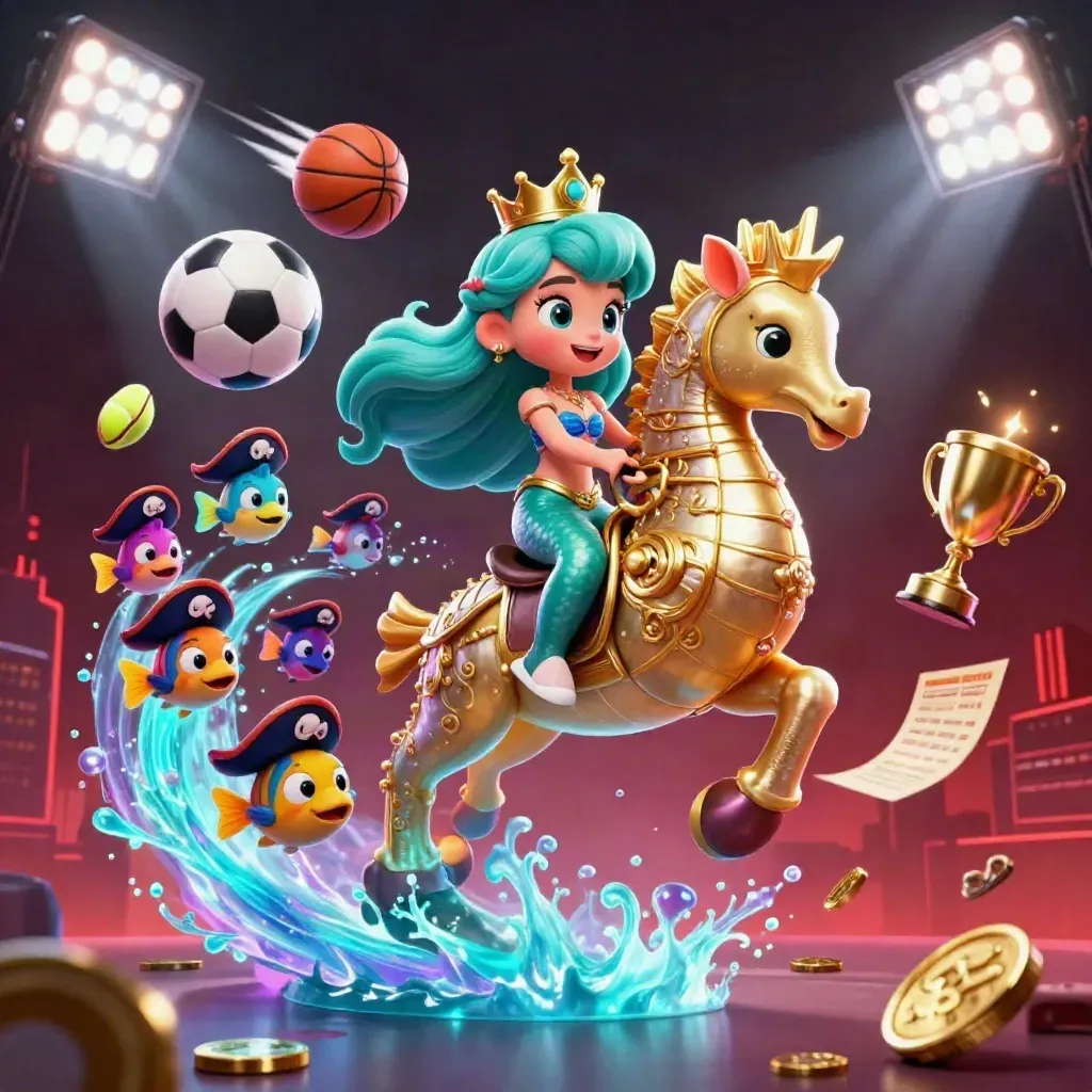 Mermaid princess on a golden seahorse amid sports balls, coins, trophy, and glowing lights