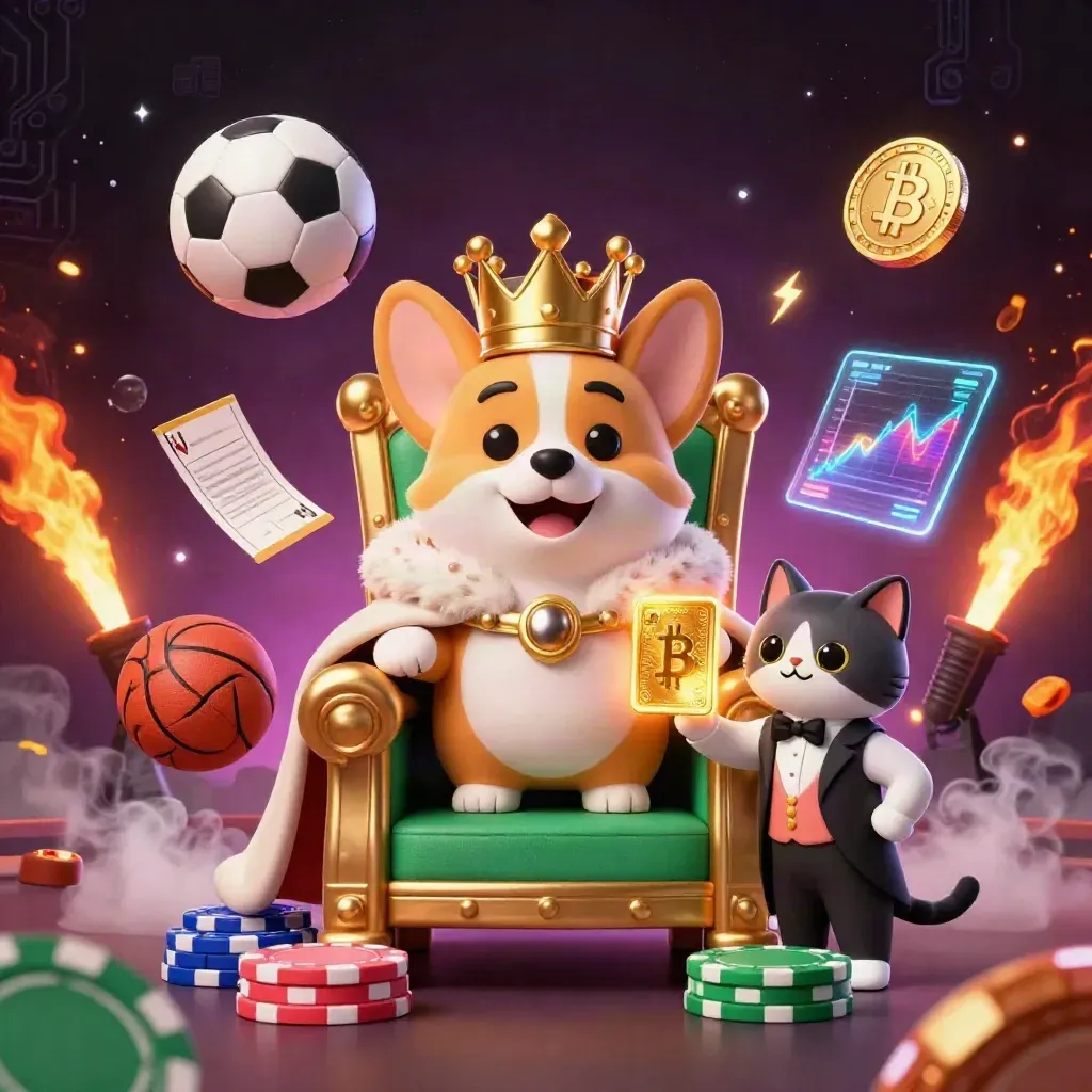 Royal corgi and cat butler amid floating crypto coins, sports balls, and neon casino magic.