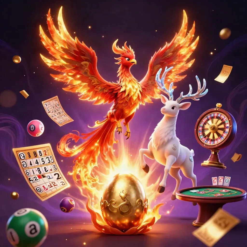 Phoenix, hatching baby phoenix, and crystal-antler stag amid casino game props and golden magic.