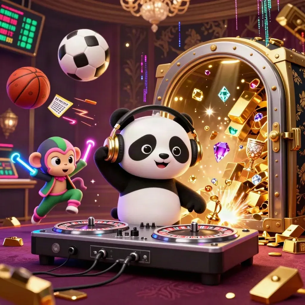 Cartoon panda, monkey, and kitten amid gold vault light, sports balls, and neon casino energy