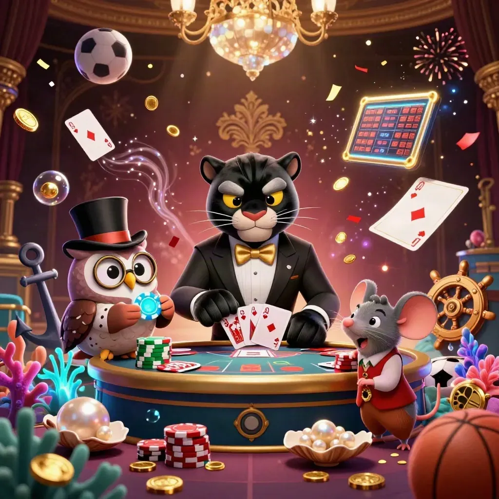 Panther, owl, and mouse amid casino treasure, cards, coins, sports balls, and glowing effects.