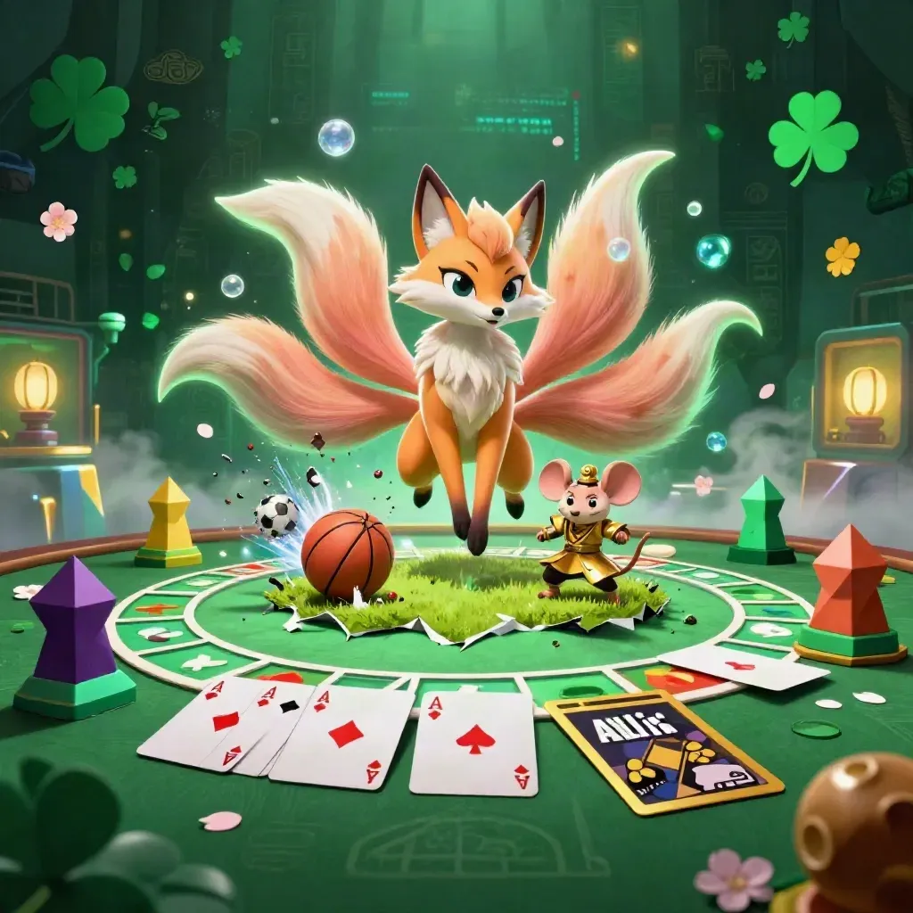 Nine-tailed fox spirit and armored mouse amid sports and casino effects, glowing on dark emerald background.