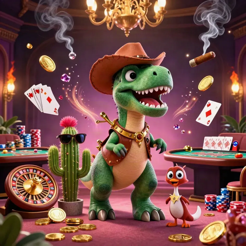 Cowboy T-Rex, cactus, and roadrunner amid casino lights, coins, gems, and a spinning wheel.