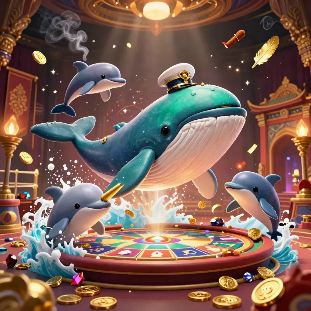 Cartoon whale captain, narwhal, and dolphins amid casino opulence, coins, cards, and glowing lights