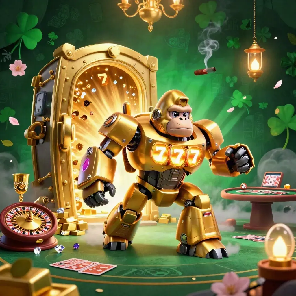 Golden gorilla mech and monkey pilot in a jeweled casino vault with reels, gems, and warm glow.