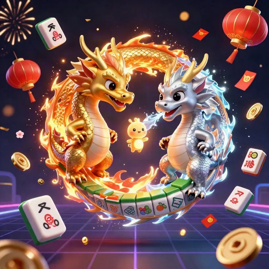Twin gold and silver dragons swirl with a lantern spirit amid casino and lucky symbols.