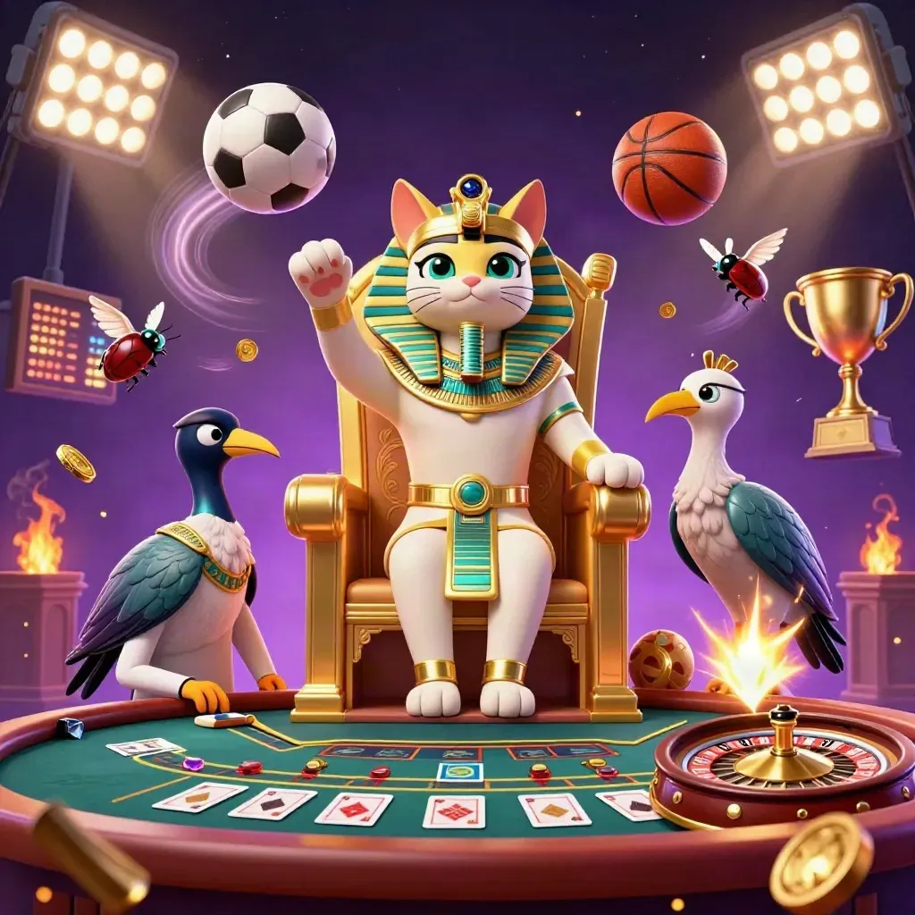 Pharaoh cat and ibis scribe amid casino props, balls, coins, trophies, and magical lights.