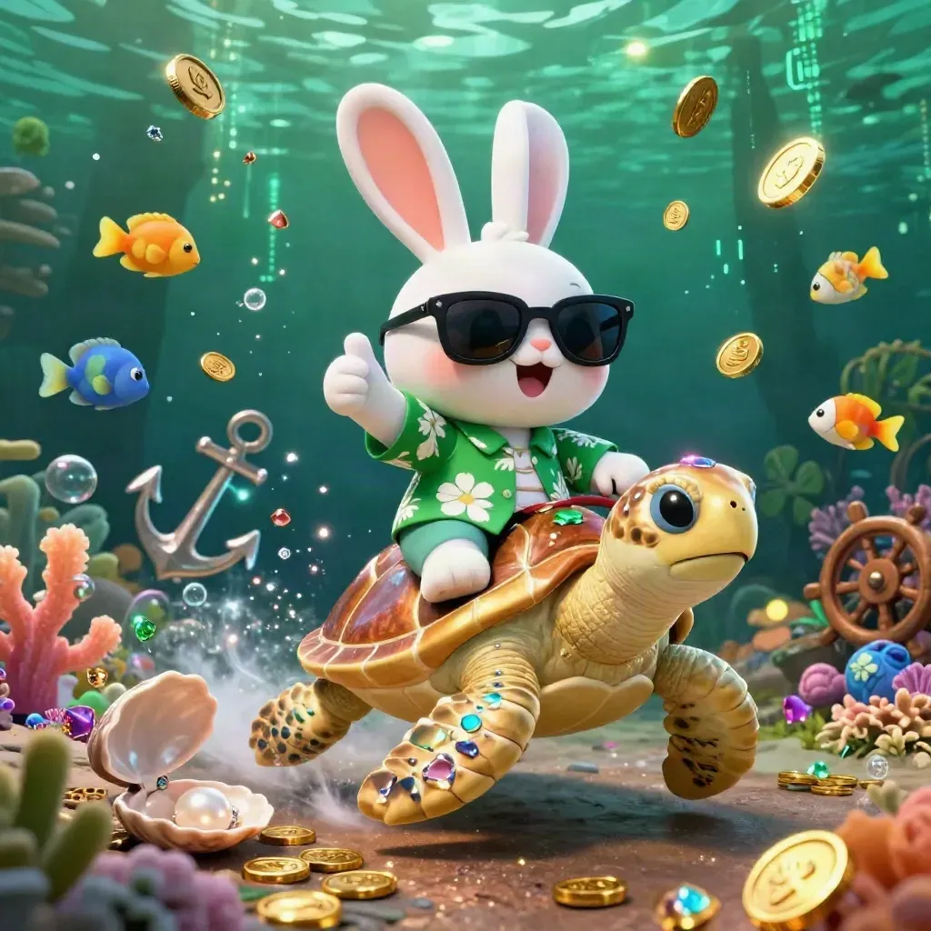 Lucky rabbit rides a gold sea turtle in an underwater treasure cove with coins, coral, and neon sparks.