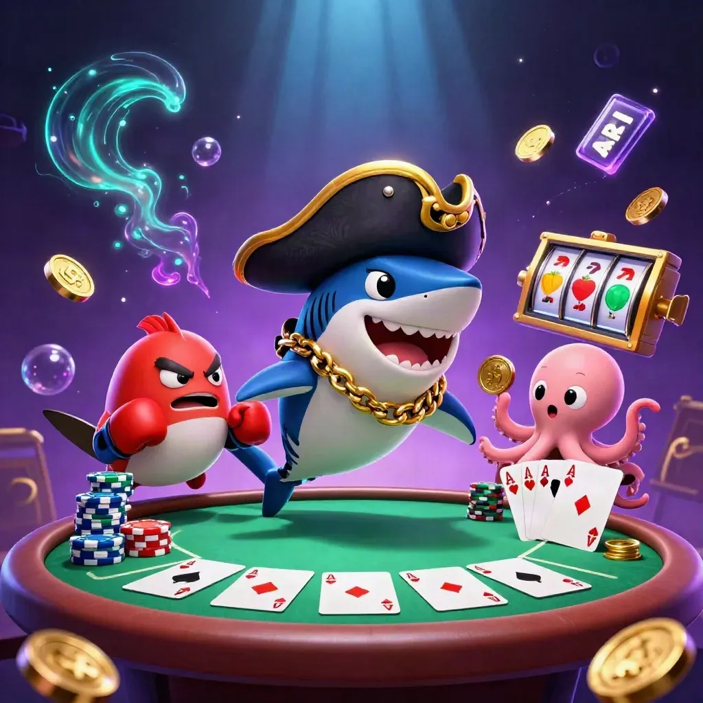 Shark pirate, boxing pufferfish, and coin-juggling octopus amid casino loot and neon glow