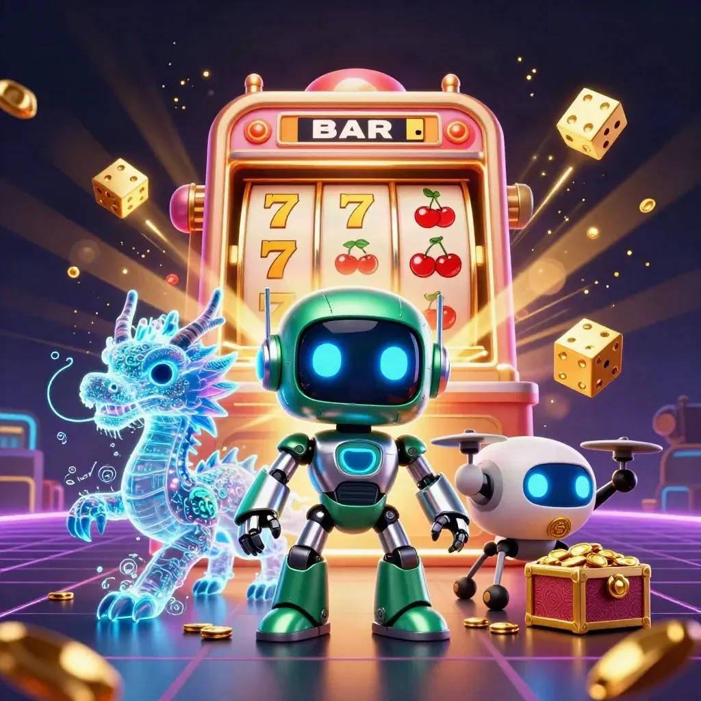 Robot, holographic dragon, and coin drone amid exploding slot machine, gold, and neon casino lights.