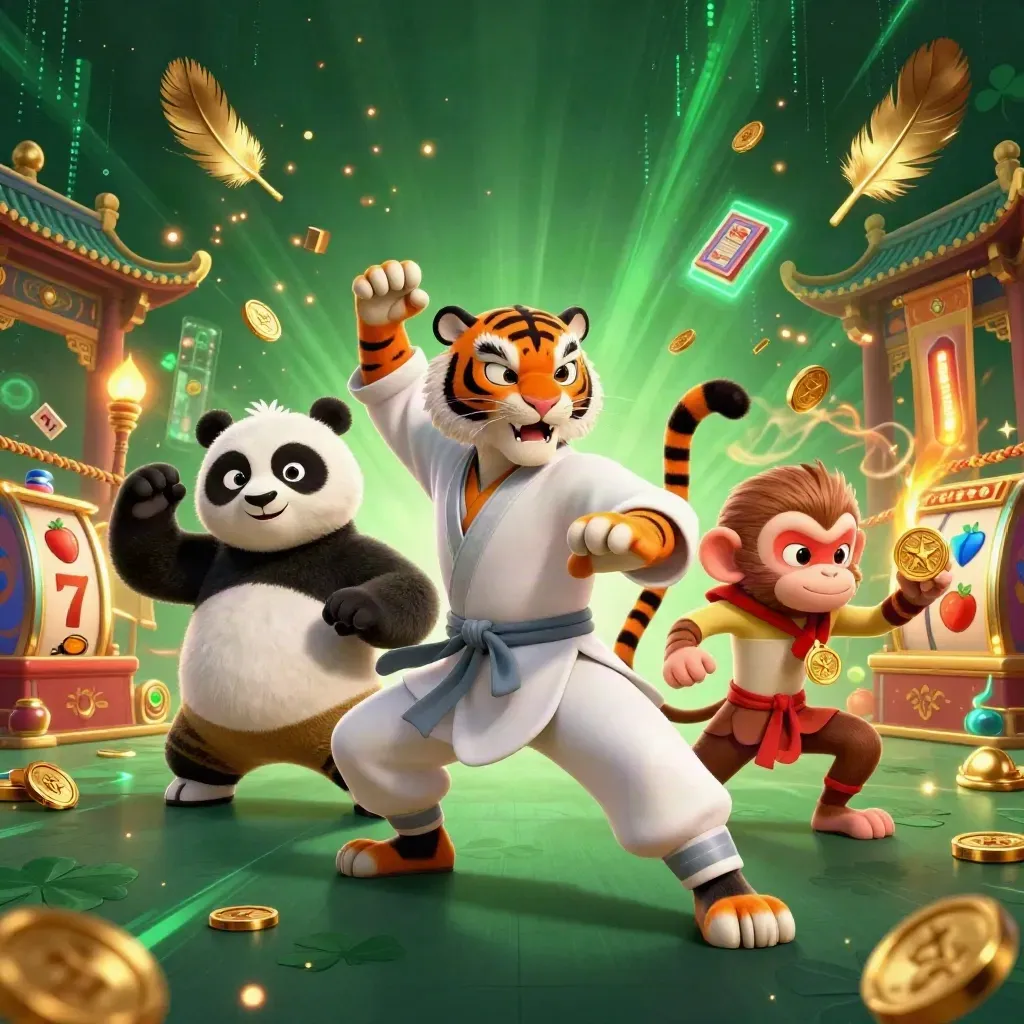 Tiger, panda, and monkey martial-arts trio amid casino gold, temple gate, and neon emerald energy