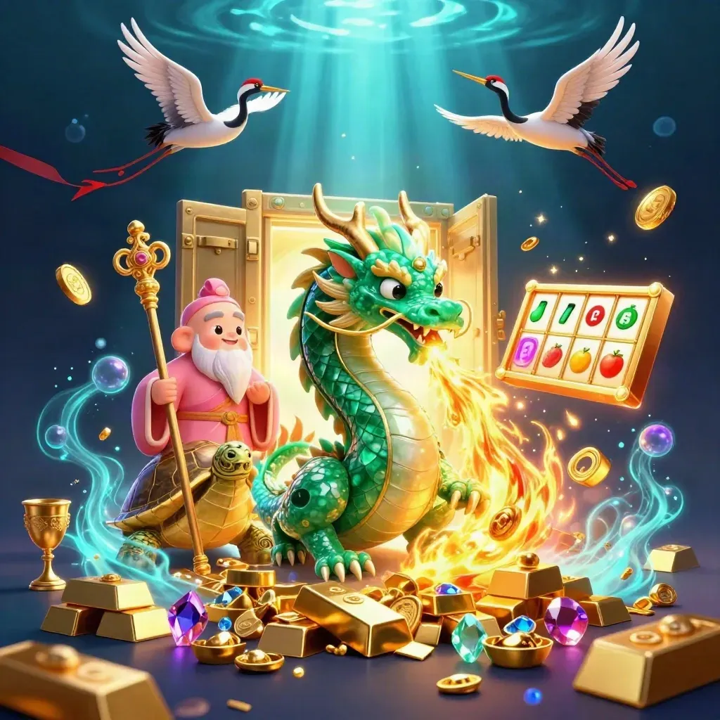 Emerald dragon, turtle sage and cranes burst from a glowing treasure vault amid gold and gems.