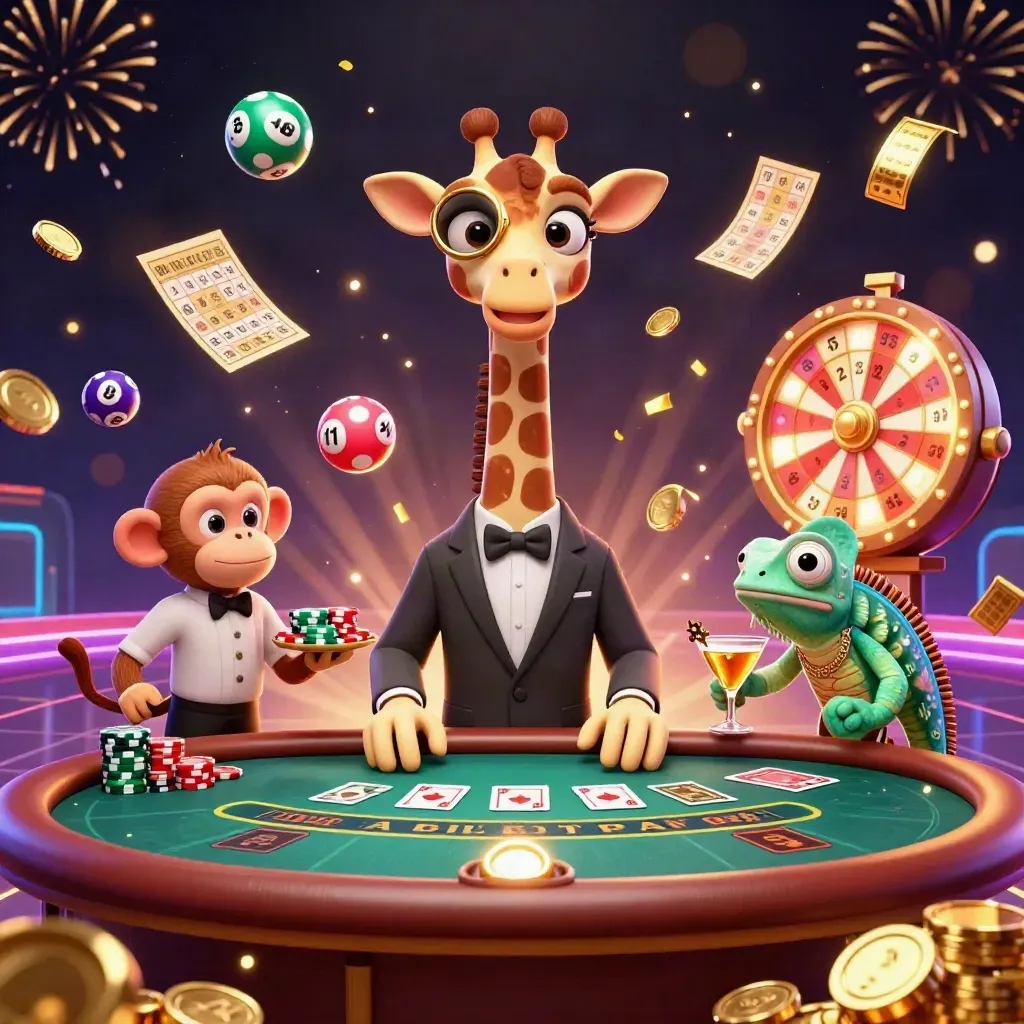 Giraffe, monkey valet, and chameleon bartender amid coins, wheels, fireworks, and casino glow.