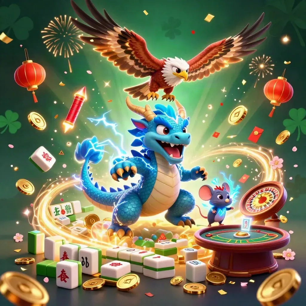 Dragon, hawk and thunder-mouse amid gold coins, lanterns, fireworks and casino tables.