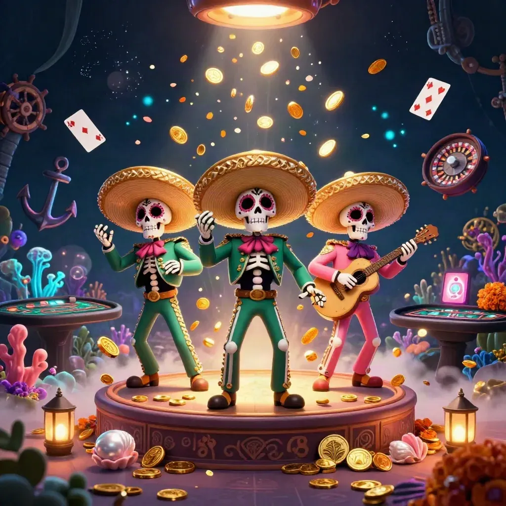 Skeleton mariachi trio amid treasure coins, coral, roulette, cards, and fireworks in luxe casino fantasy.
