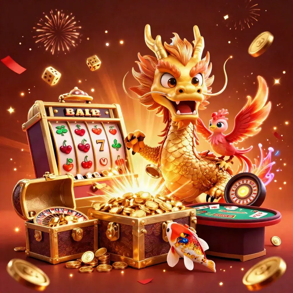 Dragon, phoenix, koi, slot machine, coins, fireworks and casino table in luxe splash art
