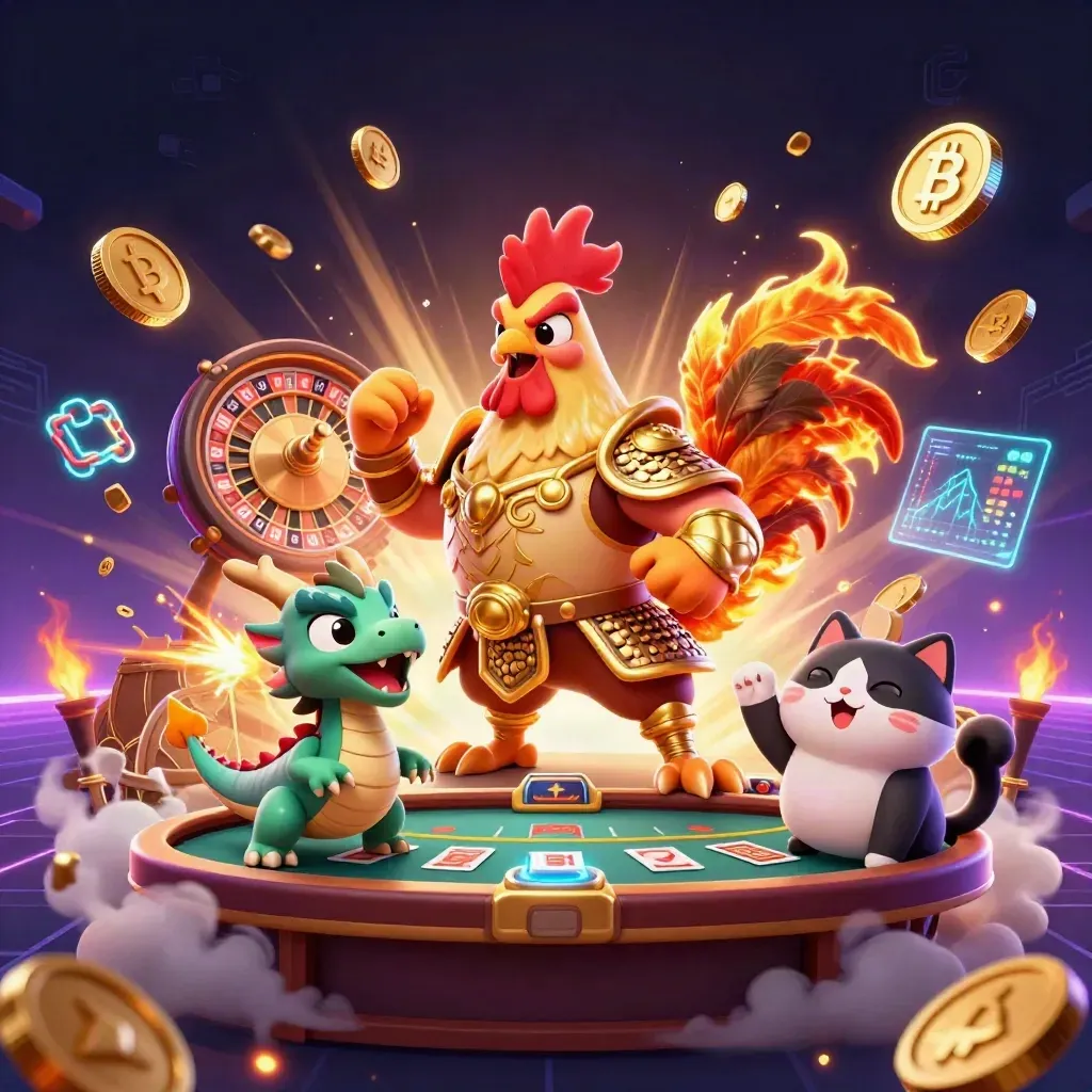 Rooster warrior, dragon hatchling and lucky cat amid casino coins, fireworks and neon game elements