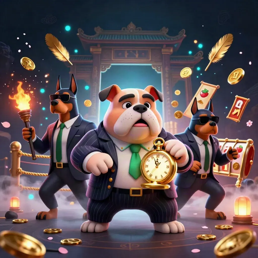 Mafia bulldog and two Dobermans amid casino petals, coins, temple lights, and glowing slot symbols.