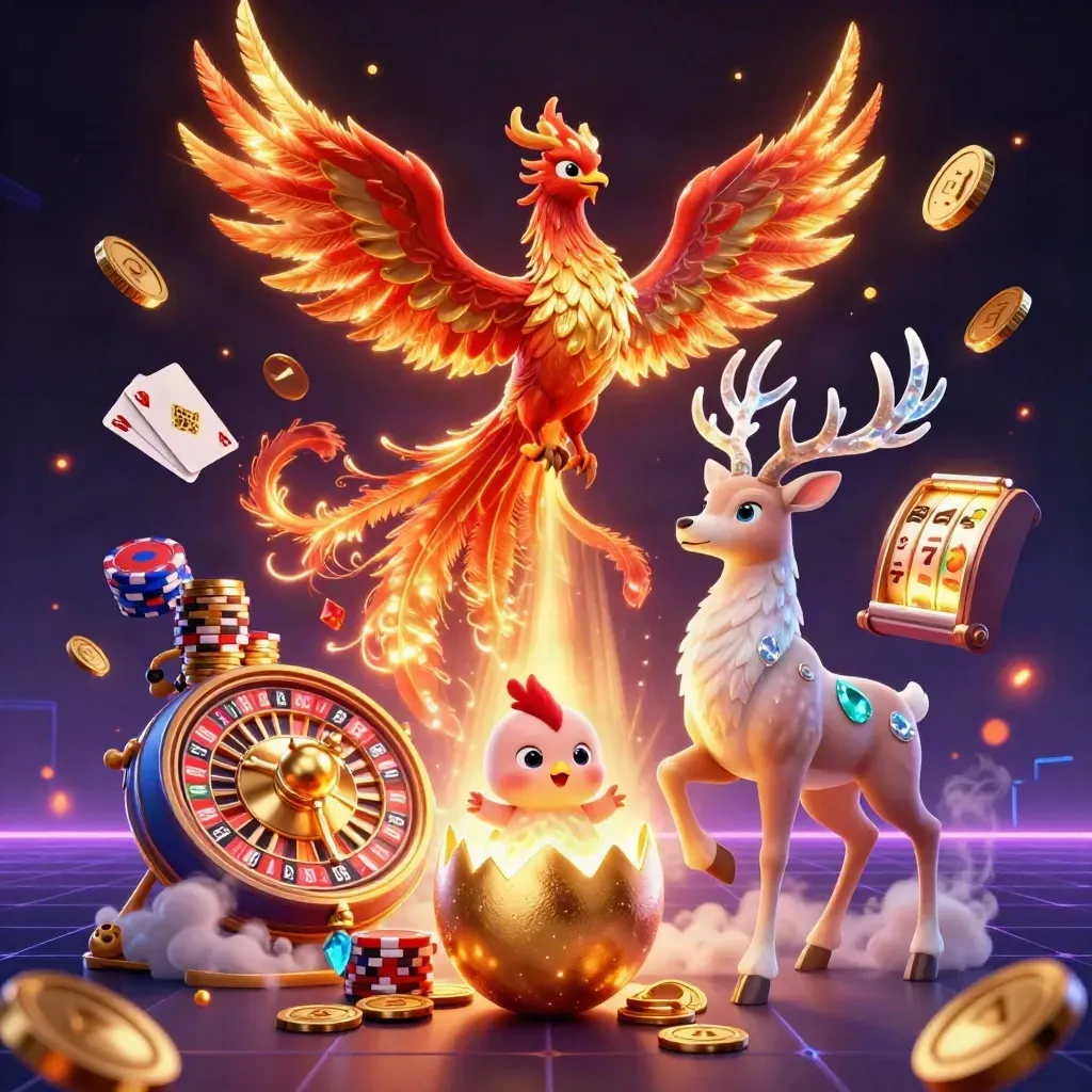Fire phoenix, baby phoenix, and crystalline stag amid casino coins, cards, reels, and neon glow.