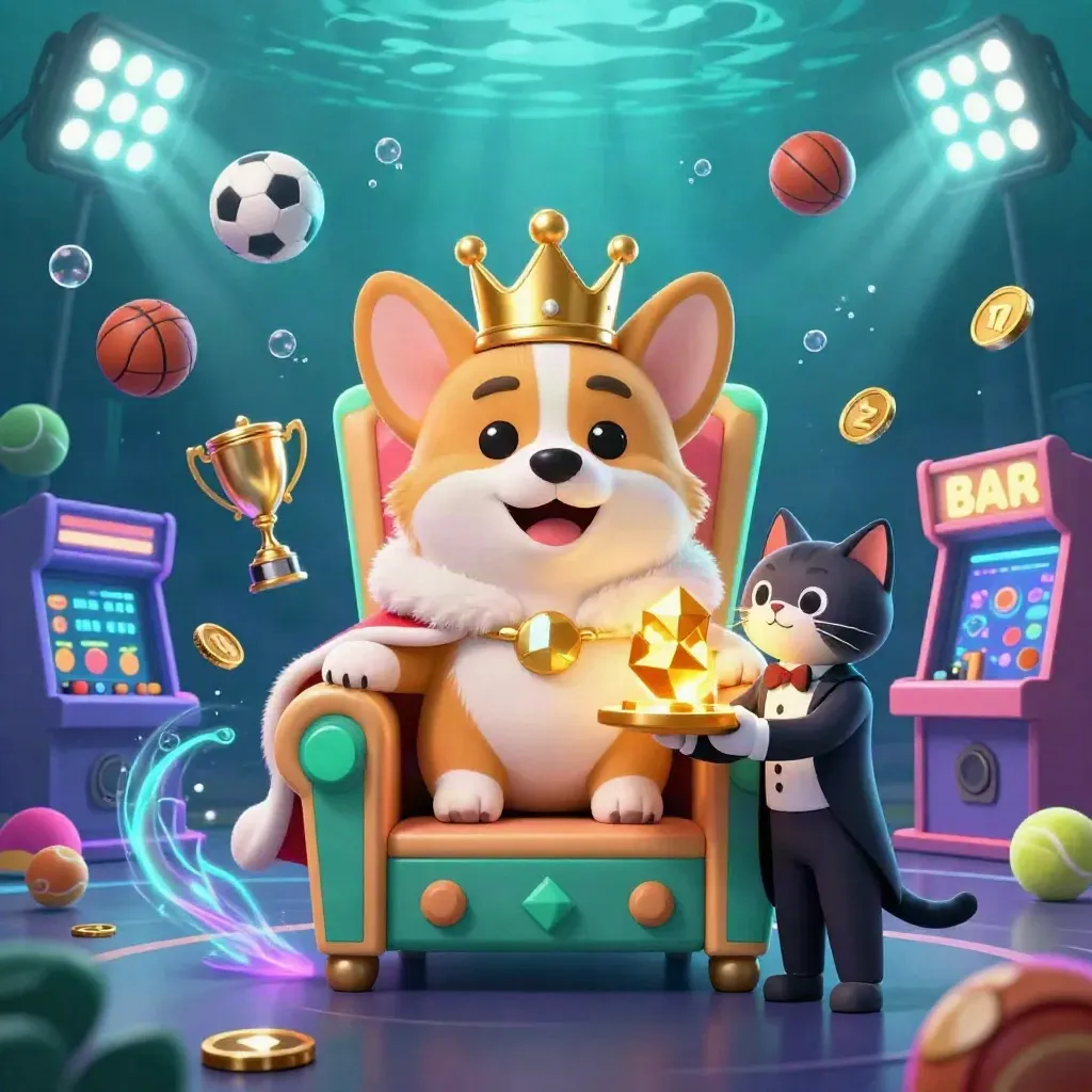 Royal corgi and cat butler amid casino sports balls, coins, reels, and underwater neon glow.