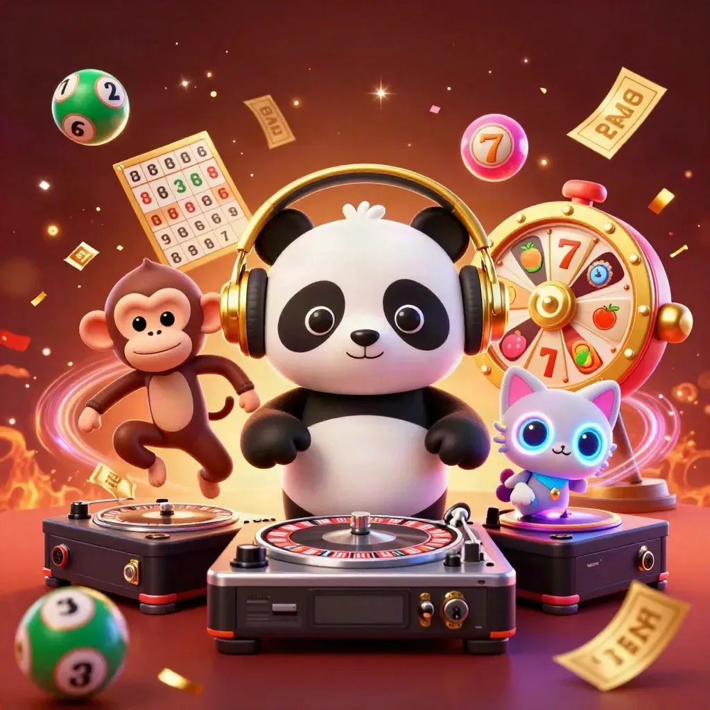 Panda DJ, dancing monkey and glow-stick kitten amid casino bursts and gold confetti.