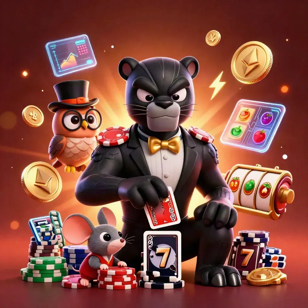Panther, owl and mouse in casino garb with chips, coins and glowing slot symbols in a luxe dark glow