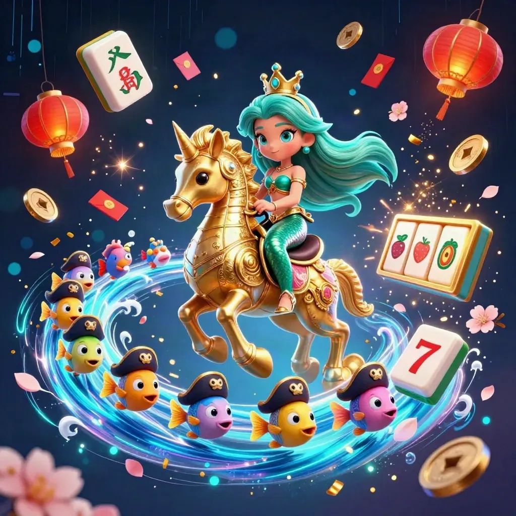 Mermaid princess on armored seahorse amid pirate fish, lanterns, coins, reels and neon casino magic.