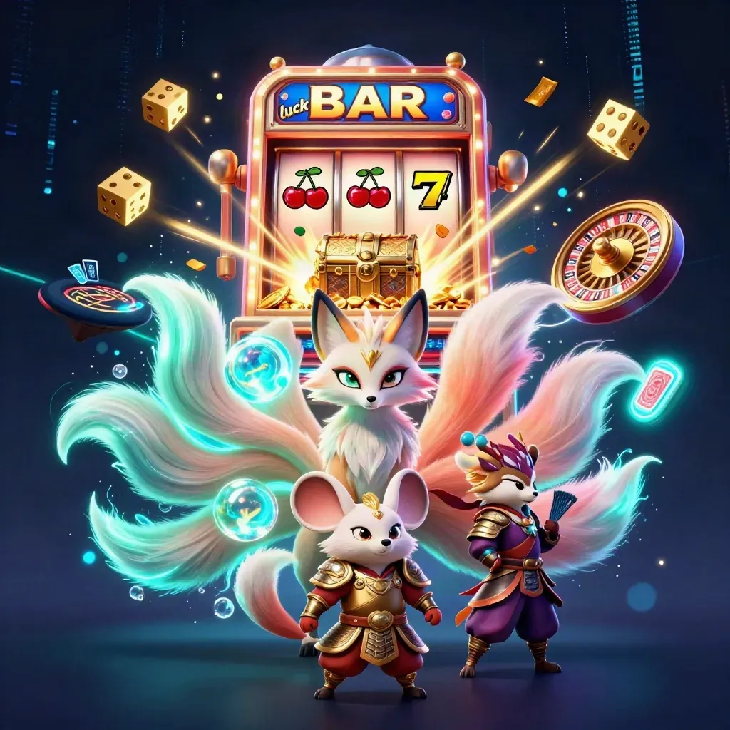 Nine-tailed fox spirit with mouse knight amid slot burst, gold, and neon casino magic.
