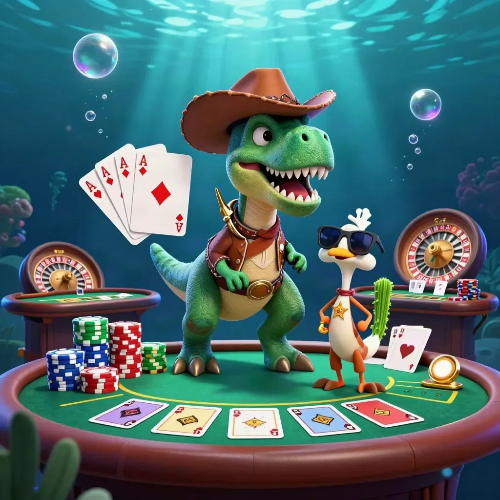 Cowboy T-Rex, cactus sidekick and roadrunner amid casino chips and glowing tables.