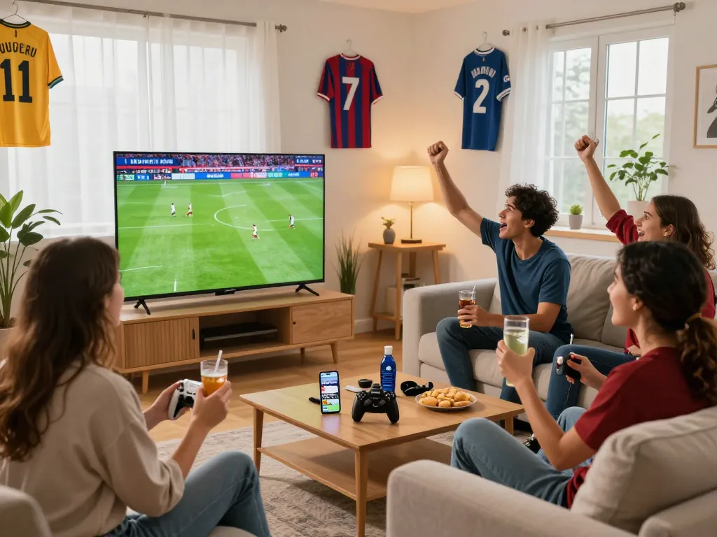 Exciting scene of friends watching trực tiếp socolive football match together in a cozy living room.