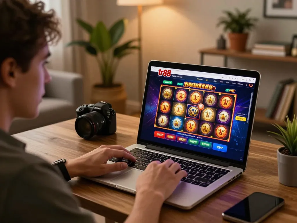 Player engaging with tr88 online casino, spinning reels on laptop in cozy home setting