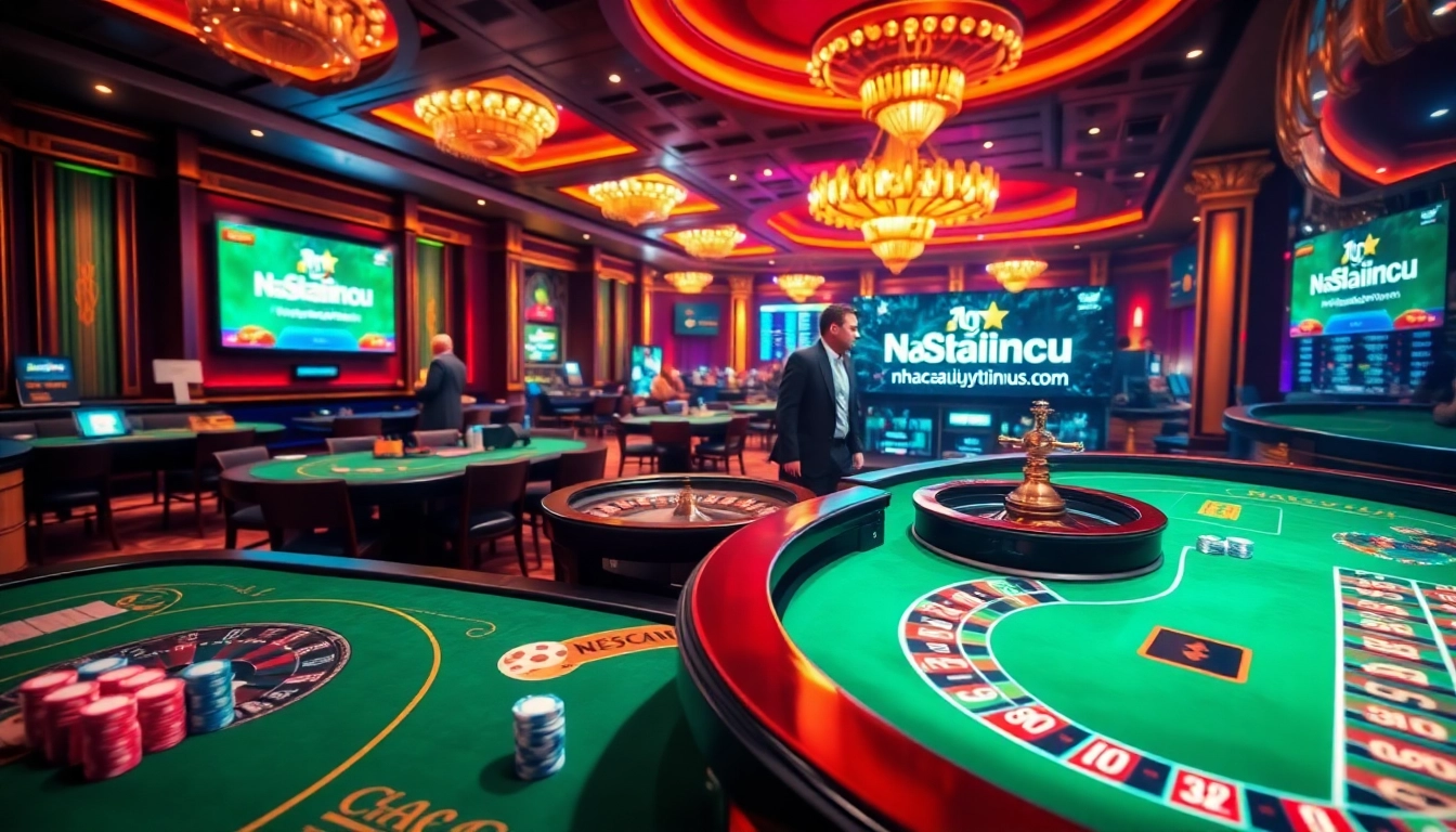 High-stakes gambling table scene featuring nhacaiuytinvn.us.com with vibrant casino elements and excited players.