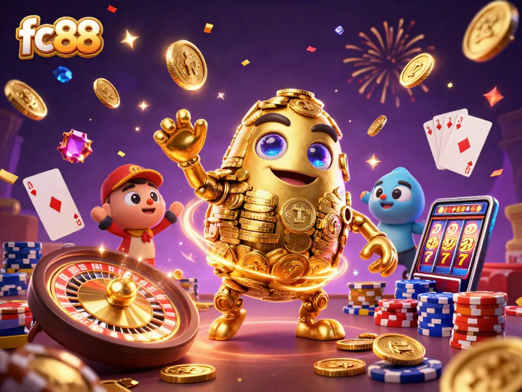 Spin and win with fc88's exciting 3D casino scene featuring golden golem and dazzling game elements.