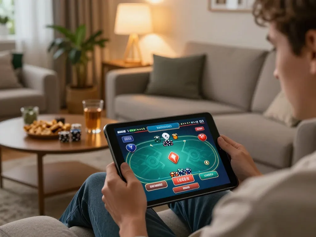 Engaged player exploring Sunwin online poker options on a cozy tablet setup.