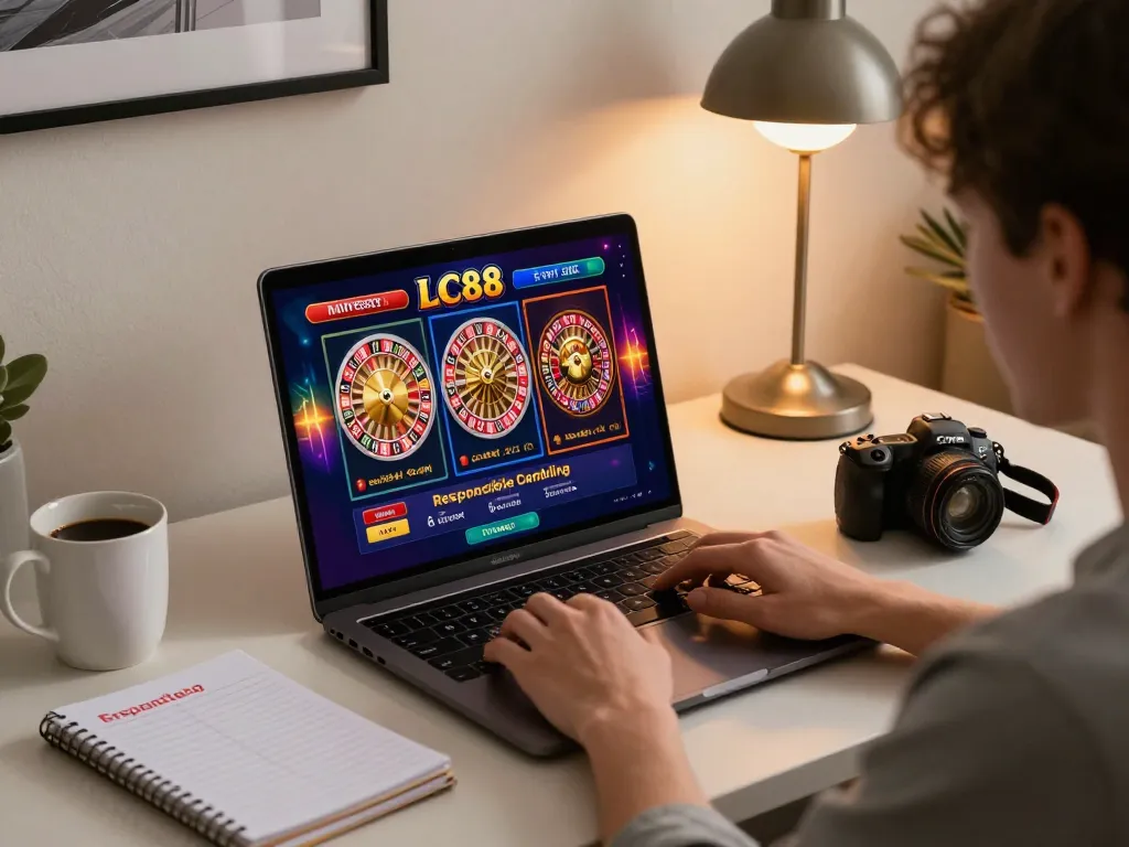 Player engaged in LC88 online gaming with laptop, showcasing responsible gambling in a cozy home environment.