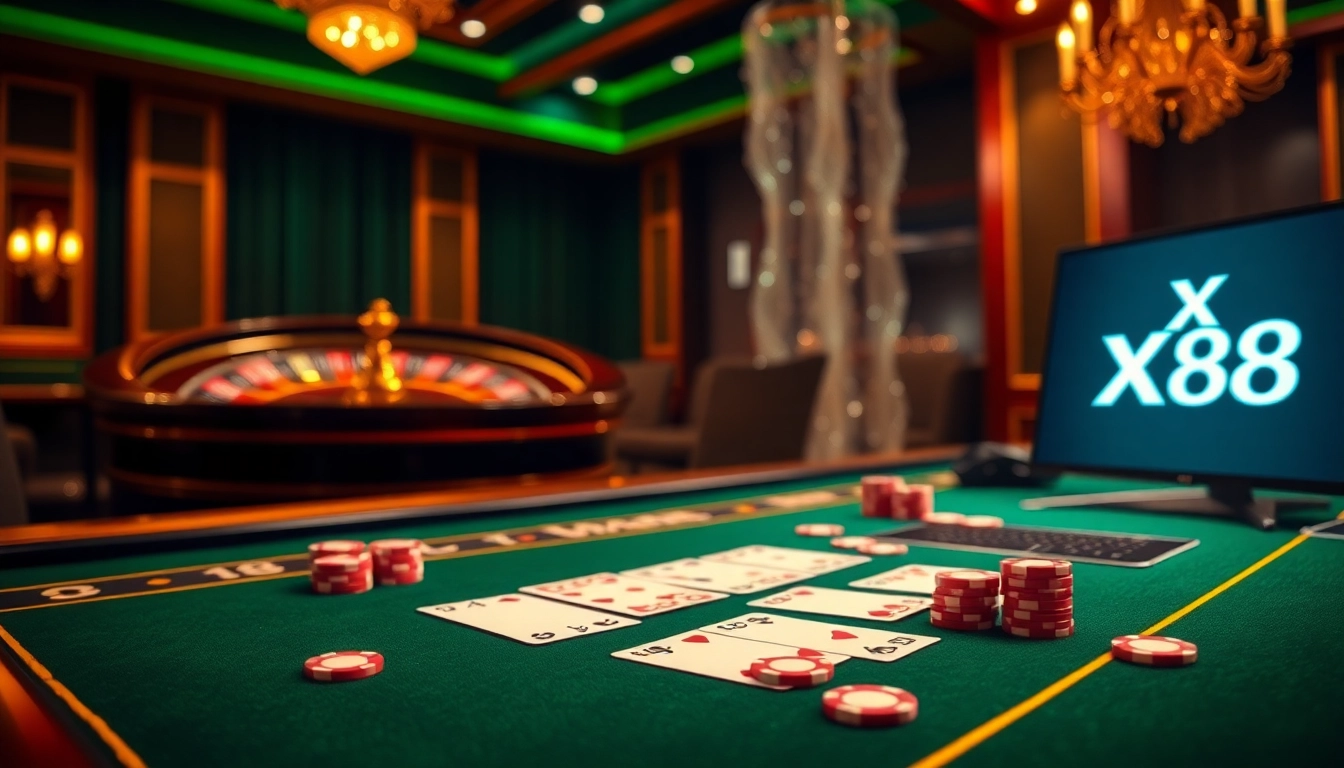 Join the excitement at XX 88's luxurious casino table, featuring cards and vibrant chips ready for betting.
